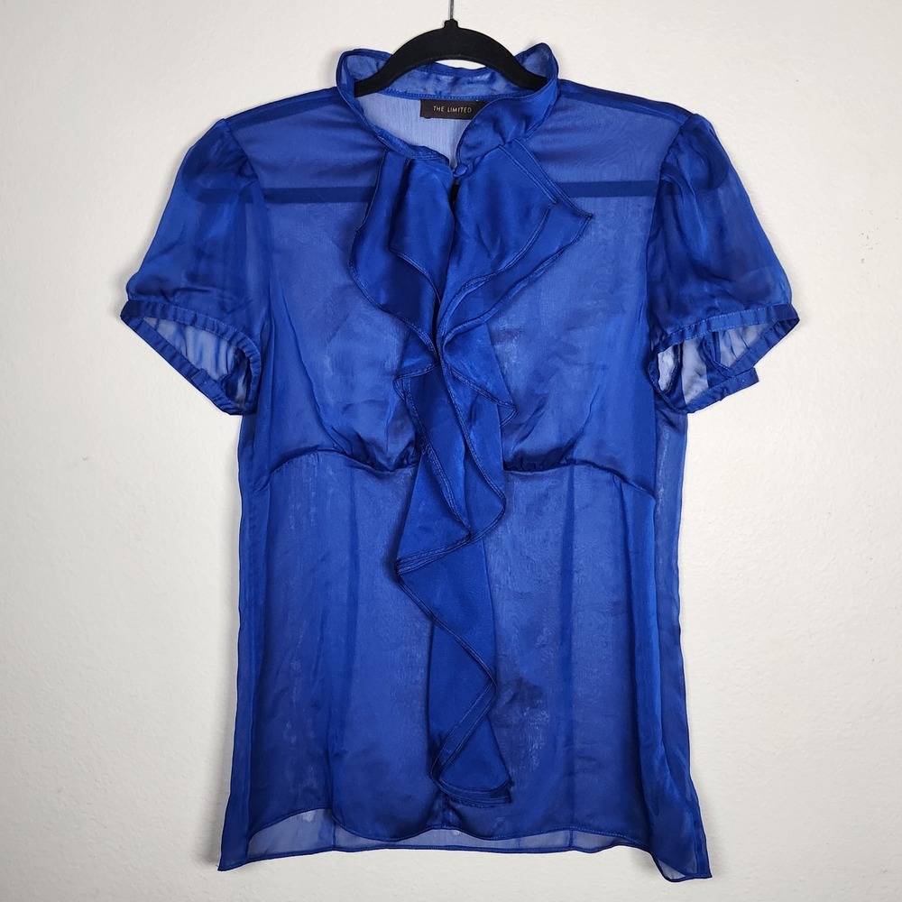 Y2K The Limited Medium Sheer Blue Ruffle Blouse 2000s Romantic Office Core Top